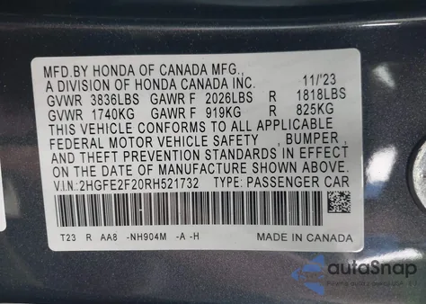 2024 Honda Civic Lx z USA, uszkodzony, nr VIN 2HGFE2F20RH521732